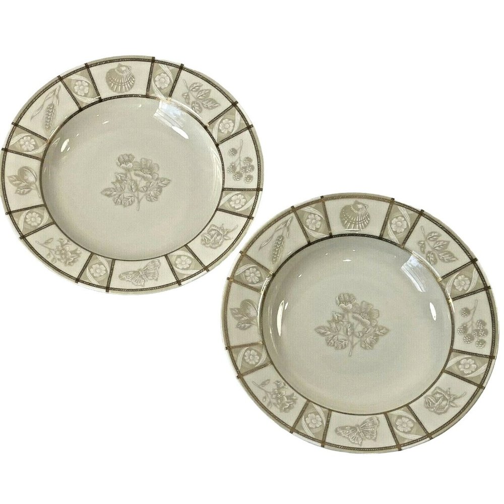 2 Mikasa Rim Soup Bowl Natures Theme Nancy Green Beige Fine China Gold Japan 8.5